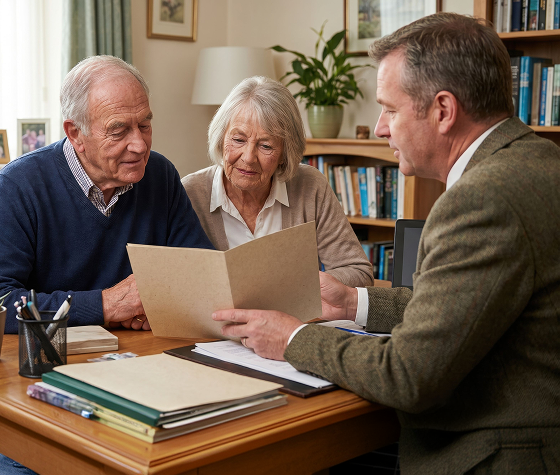 a funeral director discussing a folder with a couple