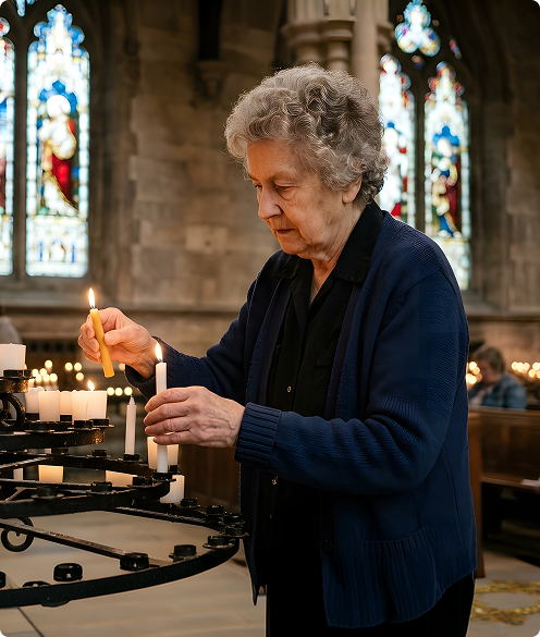 woman lighting up a candle inside the church