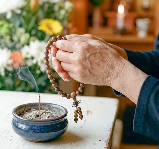 a woman gently holding a rosary